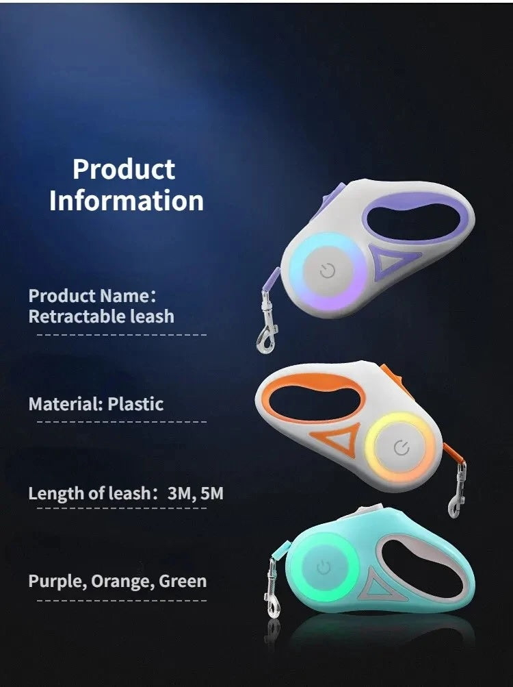 3M / 5M Automatic Retractable LED Dog Leash with Flashlight at Night