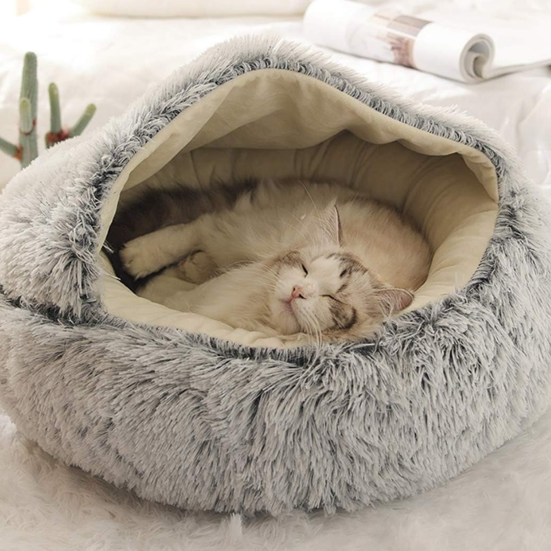 Soft Plush Warm Cat Cave with Cover for Cats, Small Dogs, 2 in 1