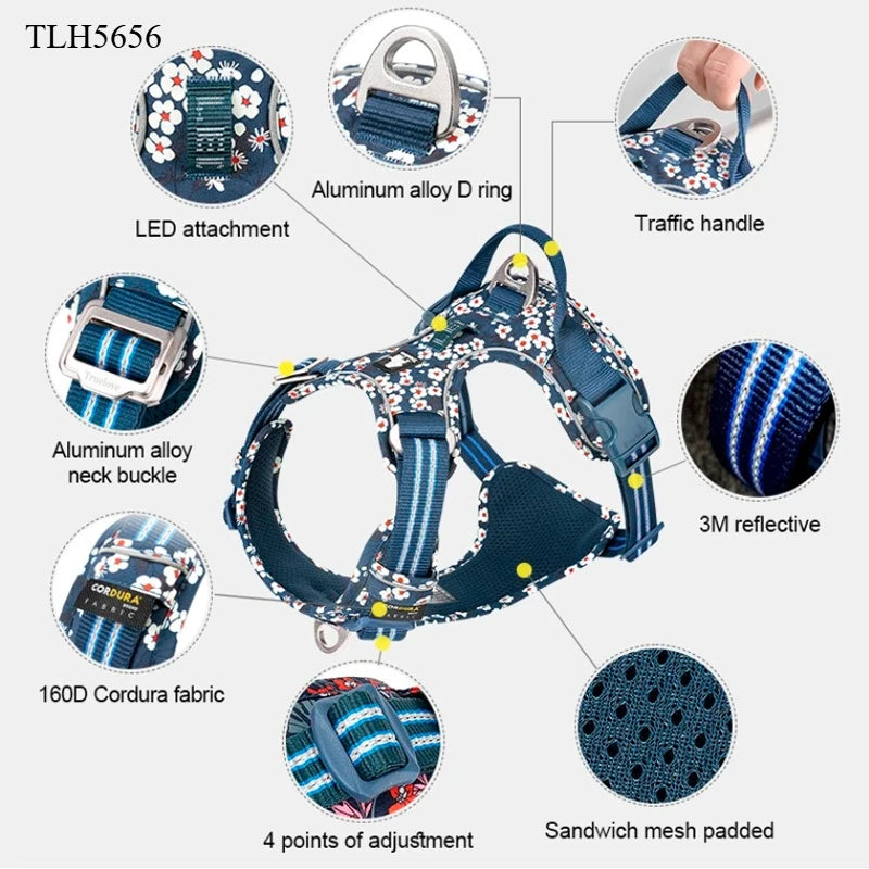 Pet Harness Floral No Pull Cotton Fabric Breathable and Reflective