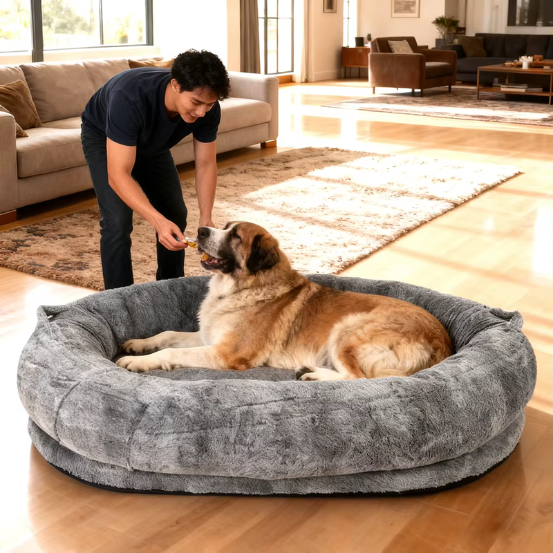 Luxury Large Human Sized Dog Bed Giant Soft Fur Beanbag Calming Mattress Thermal Pet Dog Napping Bed with Cozy Blanket Washable