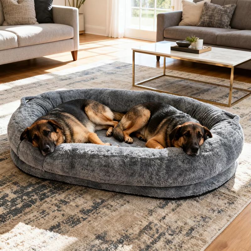Luxury Large Human Sized Dog Bed Giant Soft Fur Beanbag Calming Mattress Thermal Pet Dog Napping Bed with Cozy Blanket Washable
