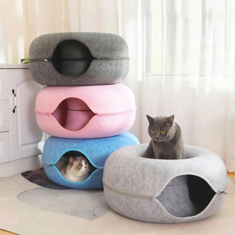 Donut Cat Bed for 2 Cats - Tunnel Kitten House Basket
