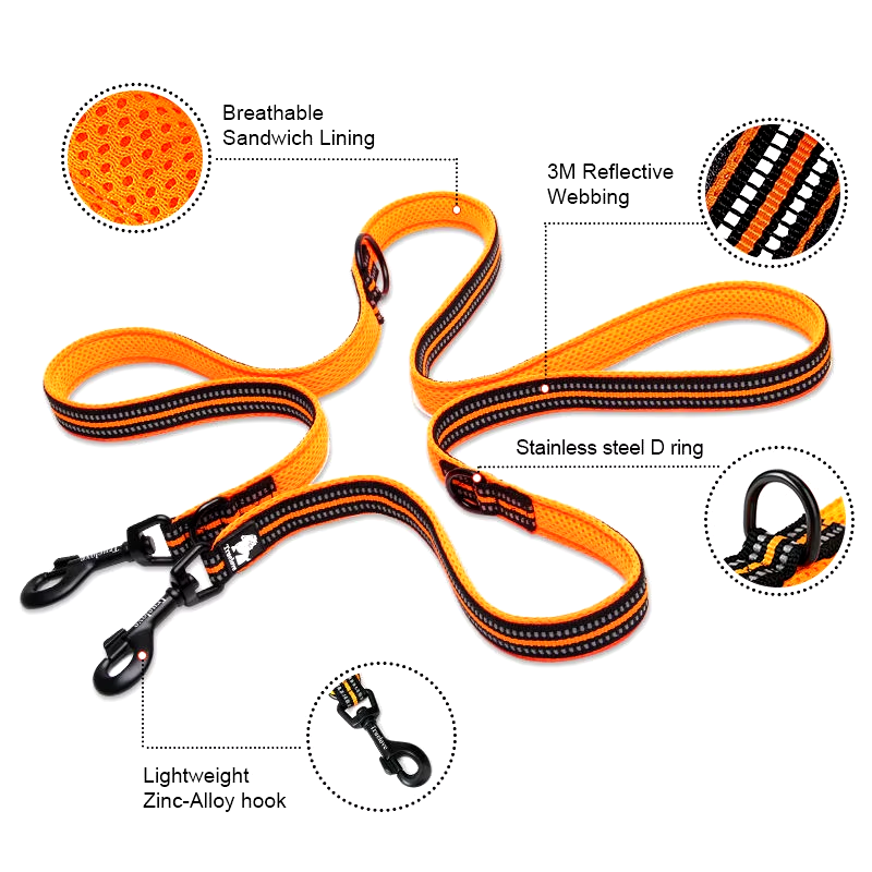 7 in 1 Multi-Function Adjustable Dog Reflective Lead, Walks 2 Dogs