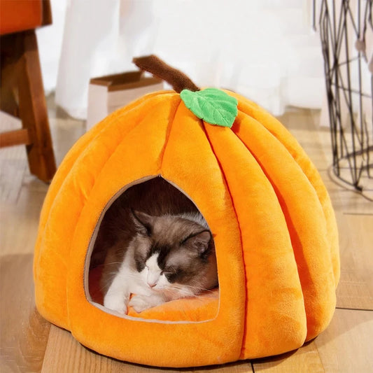 Pumpkin Cat Bed Halloween Cat House enclosed design with an entrance