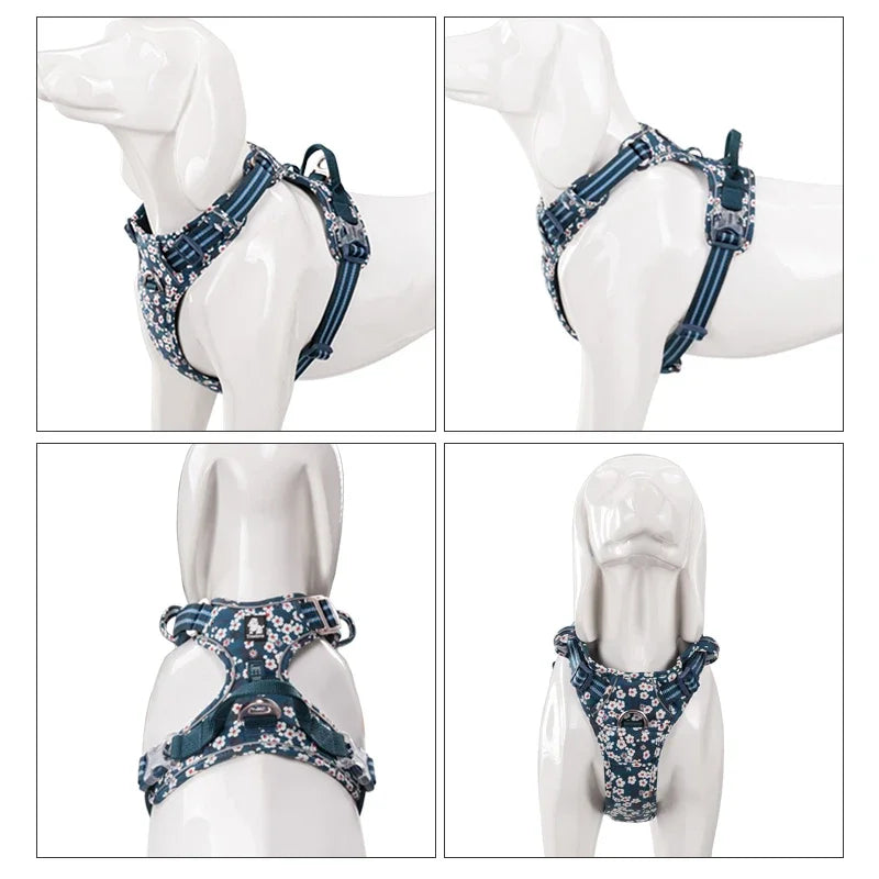 Pet Harness Floral No Pull Cotton Fabric Breathable and Reflective