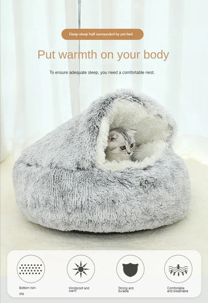 Soft Plush Warm Cat Cave with Cover for Cats, Small Dogs, 2 in 1